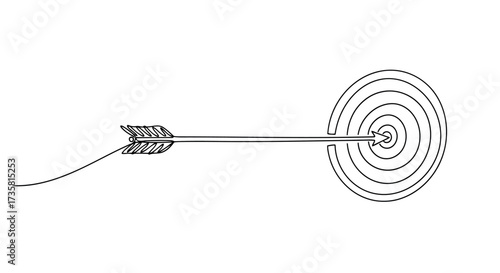 Arrow hitting the bullseye target continuous line drawing vector illustration for business goal conc
