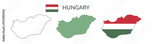 Hungary country geographical borders isolated on white background. Flag of Hungary. Vector flat cliparts.