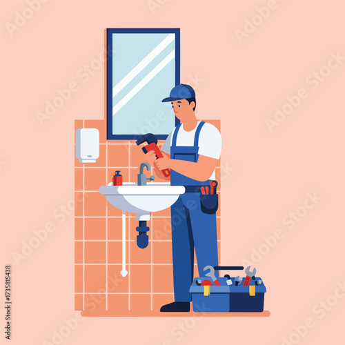 Plumber fixing a sink in a bathroom wrench repair maintenance plumbing tool toolbox worker service professional handyman renovation