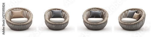 Three round wicker chairs with cushions