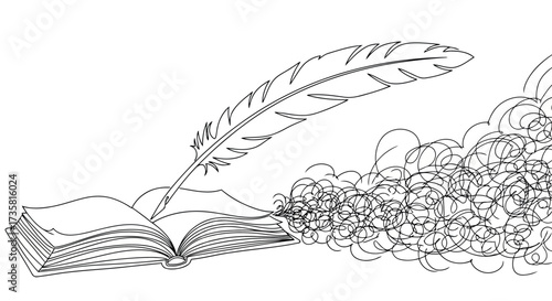 Feather quill pen writing in an open book creative process concept line art illustration on white