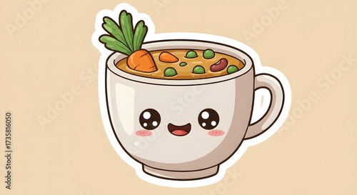 Vegetable soup cup with happy face, cartoon sticker