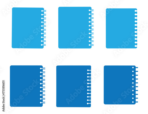 Vector art of a collection of six blue notebook icons, showcasing different styles of spiral binding and page arrangements, ideal for representing stationery or organization