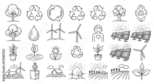 Hand-drawn ecology and environment icons vector doodle set for sustainable living isolated on white 