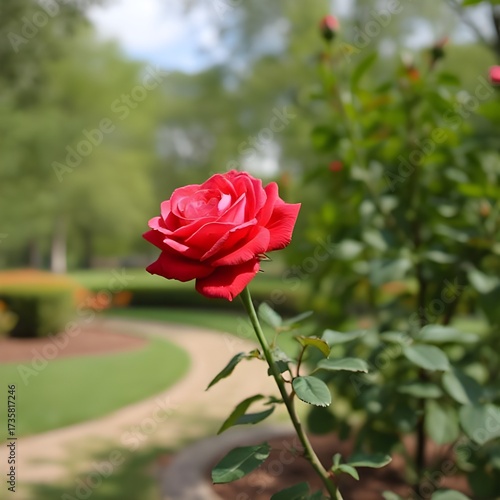 A single vibrant red rose blooming in a garden, standing tall against a blurred background of greenery, trees, and a winding pathway. The image captures the serenity of nature and the elegance of the 