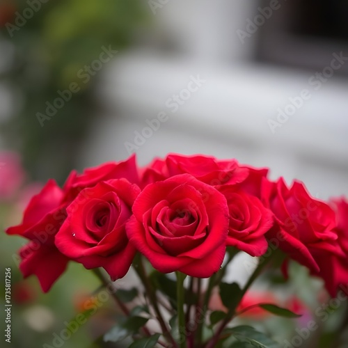 A cluster of vibrant red roses in full bloom, captured in sharp focus with a softly blurred background. The flowers radiate beauty and romance, showcasing their velvety petals and natural elegance.