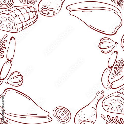 Border frame of meat product, sausage, ham, chicken breast, drumsticks and fresh vegetables with garlic onion and herbs drawn in line art style for butcher store design.