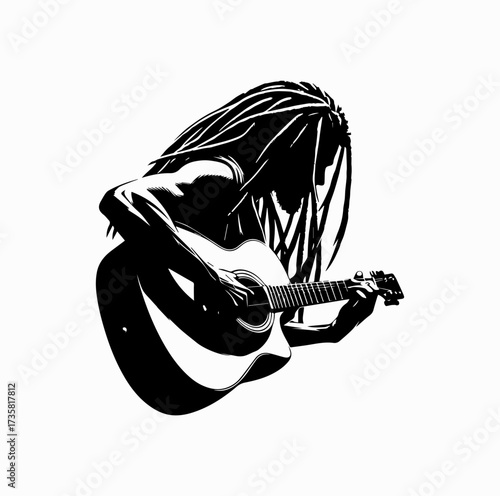 Reggae Musician Silhouette Playing Guitar with Dreadlocks – Iconic Jamaican Culture
