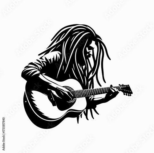 Reggae Musician Silhouette Playing Guitar with Dreadlocks – Iconic Jamaican Culture