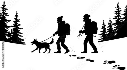 Couple Hiking with Dog Silhouette Scene