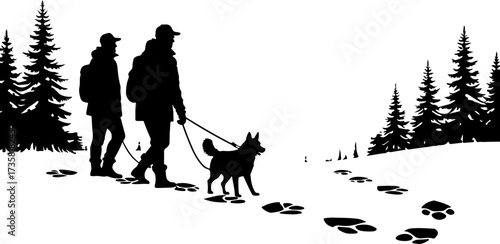 Couple Hiking with Dog Silhouette Scene