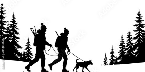 Couple Hiking with Dog Silhouette Scene