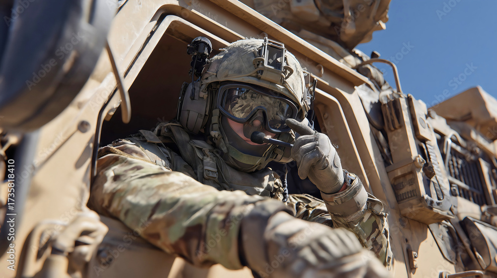 Obraz premium Close-Up Profile of a Soldier in Helmet and Goggles, Operating Inside a Dusty, Armored Humvee in the Desert Heat.