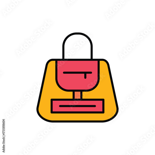 A graphic of a yellow purse with a red flap and pocket