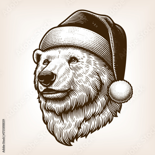 polar bear dressed in a red Santa Claus hat, combining festive holiday charm with wildlife artistry sketch engraving generative ai vector illustration. Scratch board imitation. Black and white image.