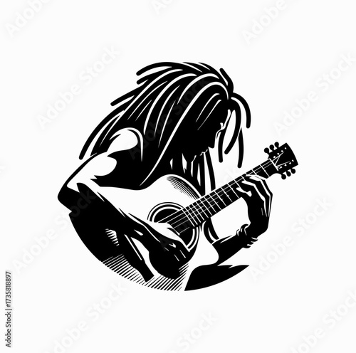 Reggae Musician Silhouette Playing Guitar with Dreadlocks – Iconic Jamaican Culture