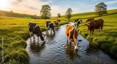 Wallpaper Mural Cows drinking water from a stream in a green field at sunset. Torontodigital.ca