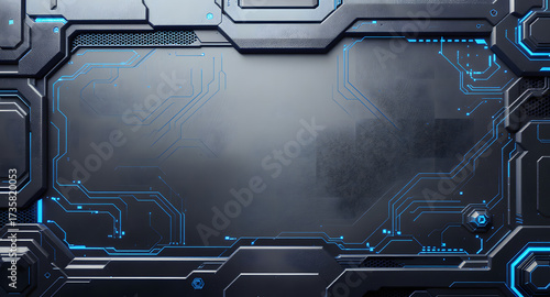 Futuristic sci fi technology panel with blue lights and textured surface