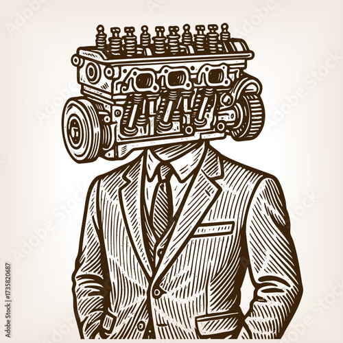 man in a suit with a car engine as his head, surreal and mechanical concept art sketch engraving generative ai fictional character vector illustration. Scratch board imitation. Black and white image.
