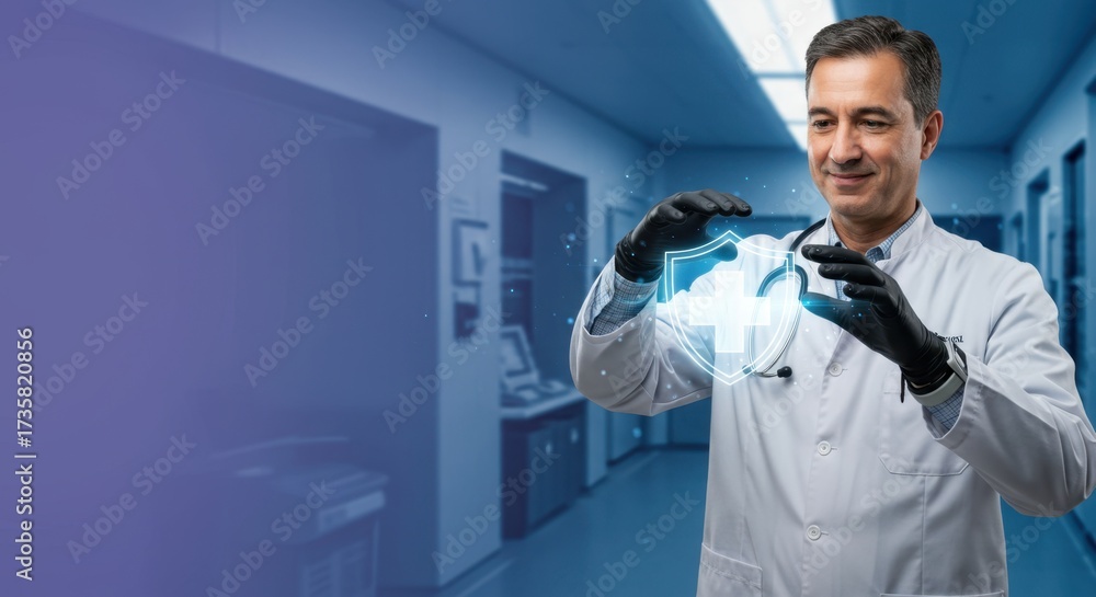 Fototapeta premium Doctor holding a shield with a medical cross, protection concept.