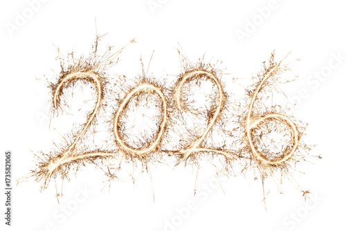 A Happy New Year sparkler writing 2026 in the air, isolated on a transparent background.