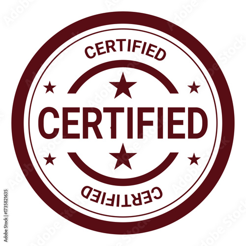 "Certified stamp badge with stars in circular design in red. Vector illustration for quality assurance, guarantee, approval, accreditation, and certification concepts."