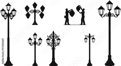 Vintage decorative street lamp vector illustration with ornate lamp posts, classic lantern designs, workers replacing lights, retro outdoor urban lighting silhouettes.