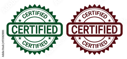 "Certified badge icons in green and red with circular starburst design. Symbols of approval, validation, quality assurance, guarantee, and official certification."