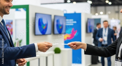 Businesspeople exchanging business cards at a conference, smiling.
