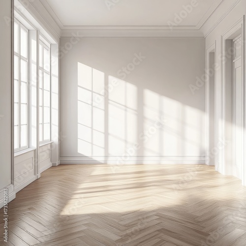Wallpaper Mural Empty sunlit room with herringbone floor Torontodigital.ca