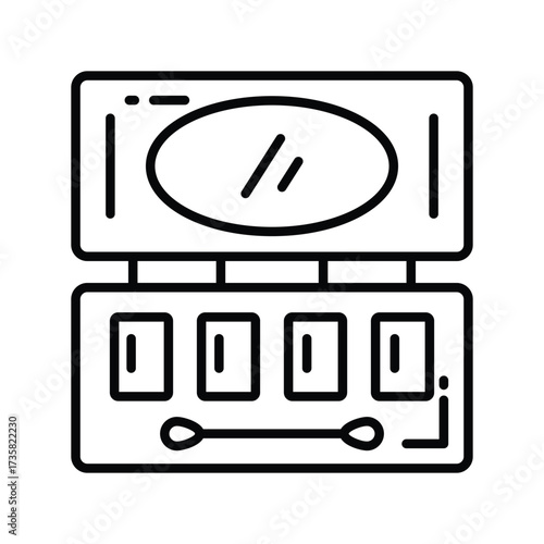 Open cosmetic palette containing multiple eye shadows a mirror and an applicator