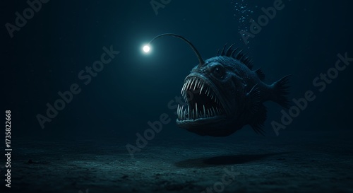 Deep sea anglerfish illuminated underwater dark ocean creature