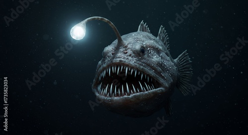 Deep sea anglerfish illustration in dark waters with bioluminescent light