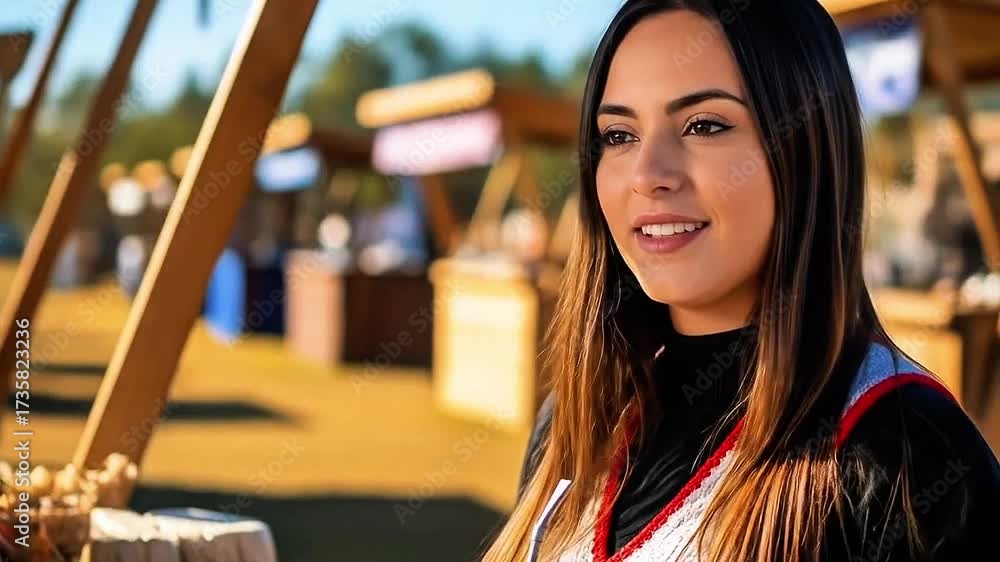 mujer joven muy bella en un stand de productos regionales en una feria del campo mientras sonríe a la cámara y bebe mate con yerba mate