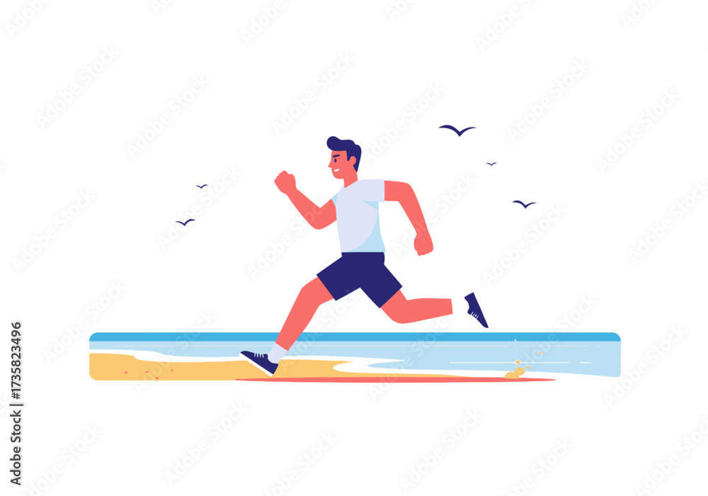 Obraz premium Man jogging on the beach with birds flying above, suitable for fitness and outdoor activities concepts in designs and projects.