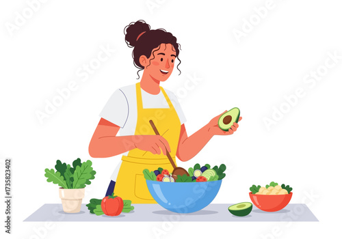 Happy woman making healthy salad with fresh ingredients. Suitable for healthy eating, cooking, lifestyle, and nutrition concepts.