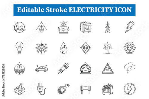 Collection of Electricity and Energy Related Icons in Outline Style symbol lightning bolt