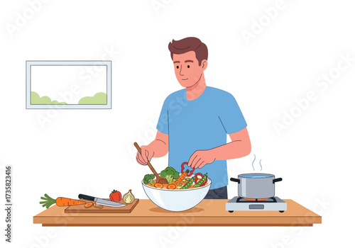Man cooks with vegetables at stove. Suitable for healthy cooking, meal preparation, home cooking, culinary arts, and lifestyle concepts.