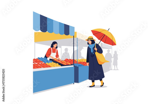 Woman smiling at a market stall while shopping with an umbrella. Suitable for lifestyle, retail, consumerism, shopping, market concepts.