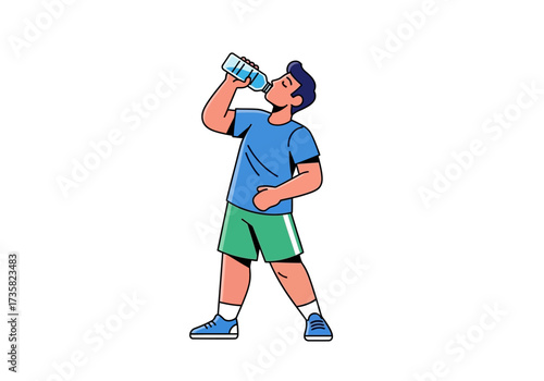 Man hydrating outdoors in summer attire. Suitable for health, fitness, outdoor activities, sportswear, and lifestylerelated designs and marketing materials.