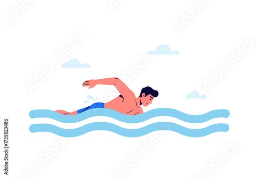Swimmer in blue water waves doing the crawl stroke. Perfect for sports, swimming, health, fitness, and athleticrelated designs.
