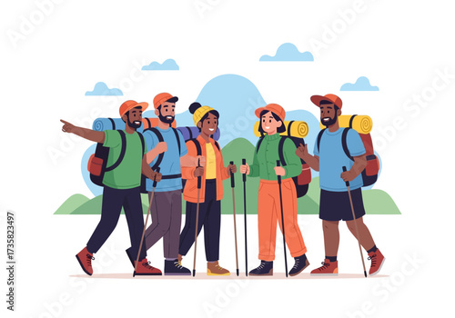 Hikers in backpacks hike under a cloudy sky. Great for outdoor, travel, adventure, hiking, nature, and explorationthemed design projects.