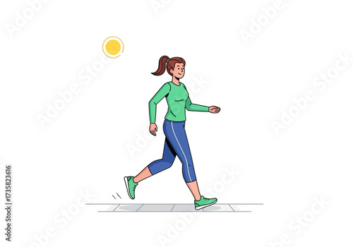 Outdoor fitness lifestyle. A woman in sports clothes walks under the sunny sky with a happy expression. Suitable for health and wellness content.