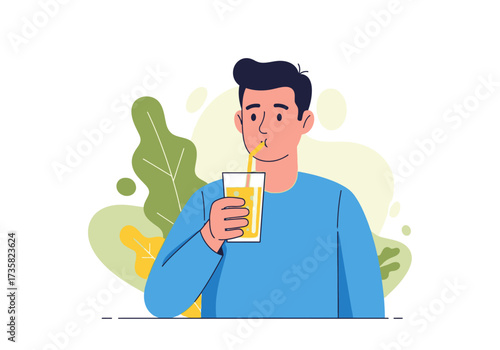 Man drinking yellow beverage with straw, vibrant green leaves in background. Perfect for summer drink promotions and naturethemed designs.