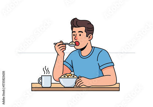 Man enjoying a meal of cereal and coffee, perfect for food blogs, breakfast menus, and lifestyle magazines looking for cozy images.