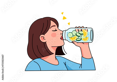 Refreshingly healthy drink of cucumber and lemon water in a glass jar. Perfect for wellness blogs, healthy lifestyle websites, and hydration concepts.