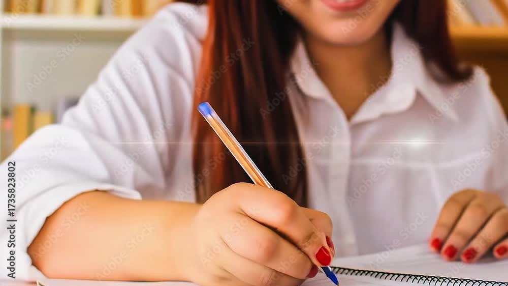 Mujer de negocios escribiendo en un despacho con documentos y libros mientras estudia y trabaja en educación y computación