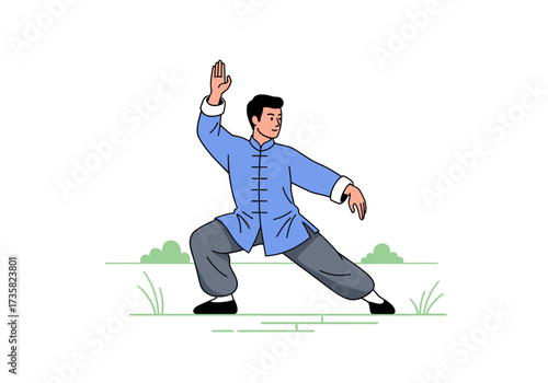 Man in blue outfit does tai chi outdoors surrounded by lush greenery. Perfect for wellness, health, exercise, relaxationthemed designs.