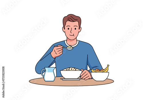 Happy man eats cereal with milk  bananas. Suitable for breakfast, nutrition, healthy eating, lifestyle, happiness, mornings, and mealtime concepts.