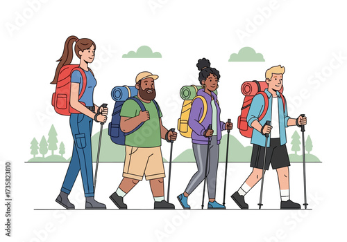 Four diverse hikers with backpacks and walking sticks trek through nature. Suitable for outdoor adventure, hiking, travel, and nature themes.